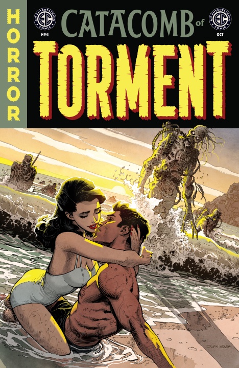 A man and woman embrace on a beach at sunset while monstrous creatures emerge from the water behind them; comic book cover titled "Catacomb of Torment.