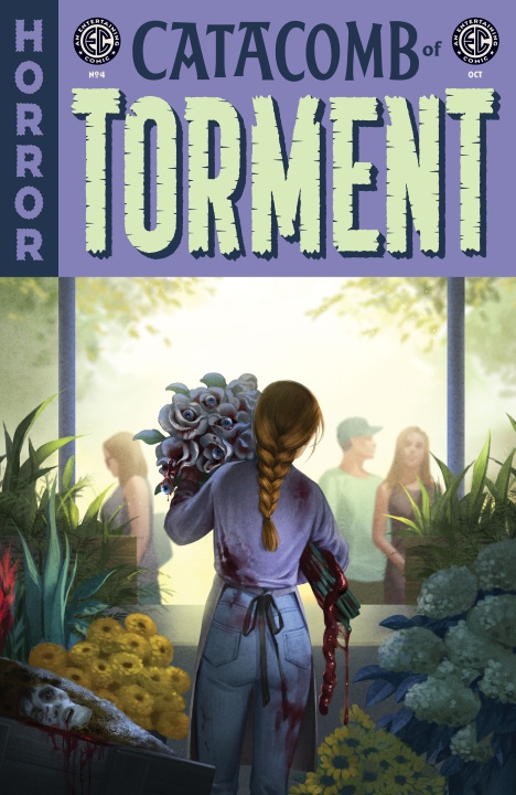 A florist with a bloodstained apron and flowers stands in a shop, facing customers, with a body partially hidden among plants in the foreground.