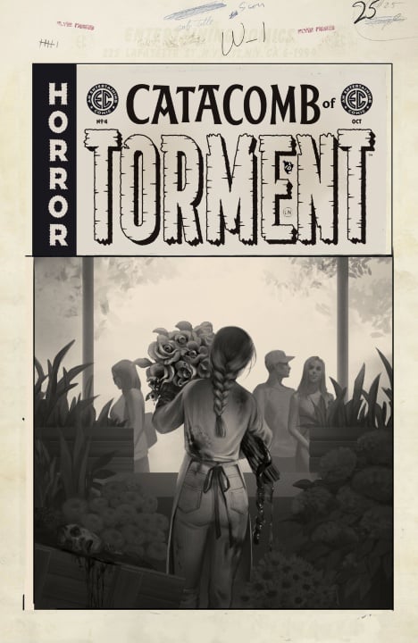 A woman holding flowers stands in front of three ghostly figures in a catacomb, with skulls and plants around. The scene is depicted in black and white as a vintage horror comic cover.