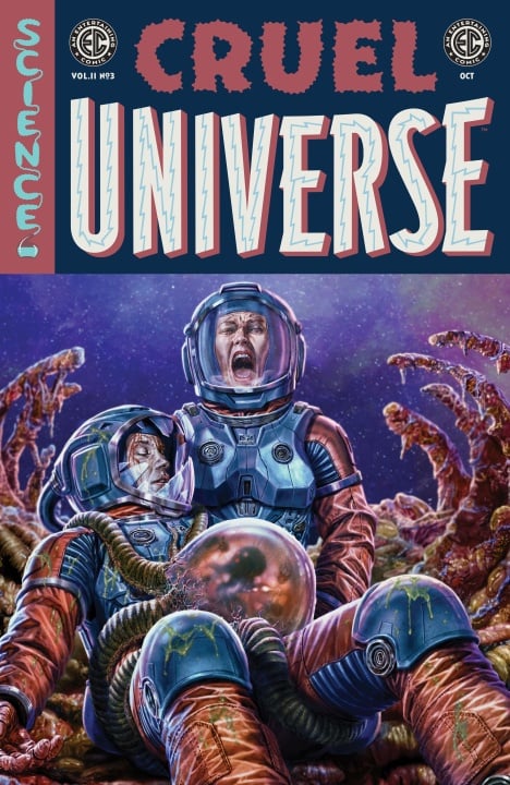 Two astronauts in distress are surrounded by alien tentacles on a hostile planet, with one astronaut screaming and holding a fractured helmet containing a swirling, orb-like object.