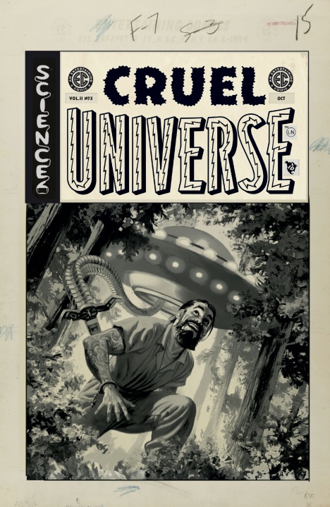 A man runs in fear through a forest as a flying saucer with mechanical arms hovers behind him; the comic book cover reads "Cruel Universe.
