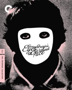 Black-and-white image of a person wearing a white mask with handwritten text covering the face; "The Criterion Collection" label on the left side.