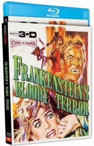A Blu-ray case for the film "Frankenstein's Bloody Terror" featuring illustrated, terrified faces and the movie title in large green letters.