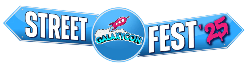 Logo for GalaxyCon Street Fest '25, featuring a blue background, a rocket illustration, and bold white and pink text.