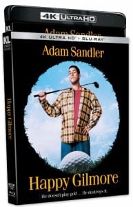 4K Ultra HD and Blu-ray case for the film "Happy Gilmore" featuring Adam Sandler holding a golf club, standing on grass with a blue sky background.
