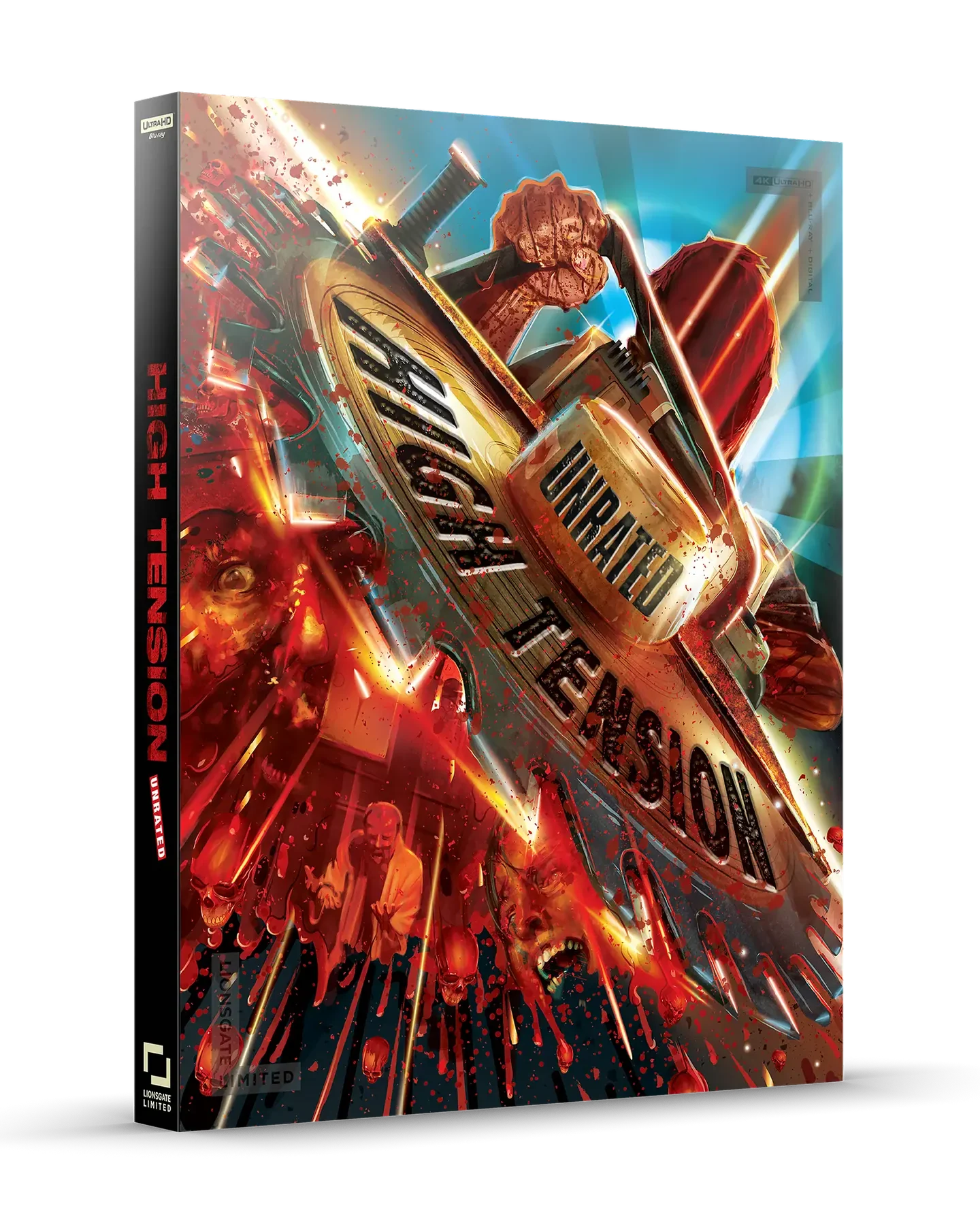A Blu-ray case for the film "High Tension" features a circular saw blade with the title and intense, chaotic imagery in red and yellow tones.