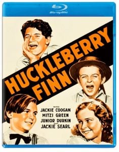Blu-ray cover of "Huckleberry Finn" featuring illustrated portraits of three boys and a girl, with the film title and cast names prominently displayed.