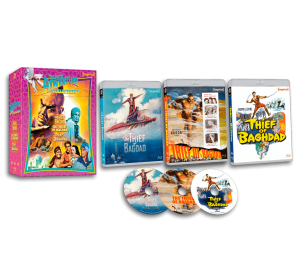 A box set featuring a decorative outer case, three Blu-ray cases with different cover art, and three matching discs for classic adventure films, including "The Thief of Bagdad.