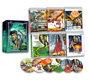 A boxed set containing illustrated Blu-ray cases and discs for five adventure films: 20,000 Leagues Under the Sea, At the Earth’s Core, The Time Machine, The War-Gods of the Deep, and Valley of the Dragons.