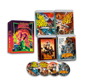 Box set featuring four adventure film Blu-rays—The Land That Time Forgot, At the Earth's Core, The People That Time Forgot, and Warlords of Atlantis—plus corresponding illustrated discs and packaging.