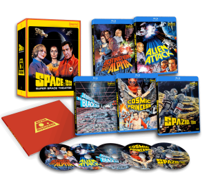 Box set featuring "Space: 1999 Super Space Theatre" with four illustrated Blu-ray covers, a red booklet, and five labeled discs arranged in front.