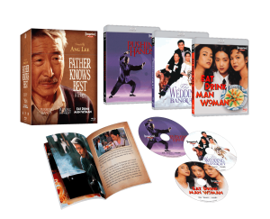 Box set featuring Ang Lee's films "Father Knows Best," "Pushing Hands," "The Wedding Banquet," "Eat Drink Man Woman," three discs, and an open booklet with film images and text.