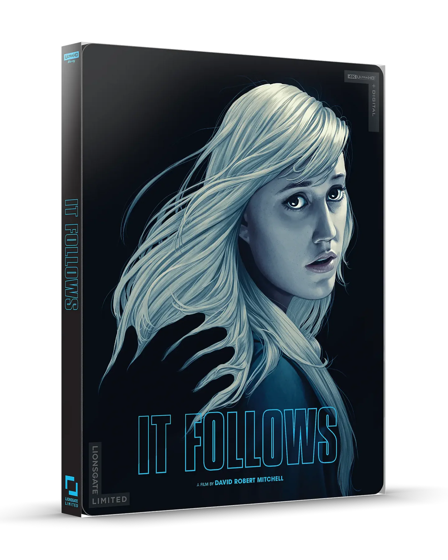 Blu-ray cover for the film "It Follows," featuring a stylized illustration of a blonde woman looking over her shoulder against a dark background.