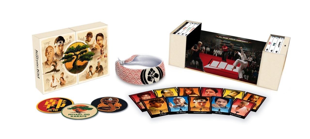 Box establecido con DVD, una diadema de karate, dos parches redondos y un conjunto de tarjetas de caracteres de la serie Karate Kid que se muestra en un fondo blanco.