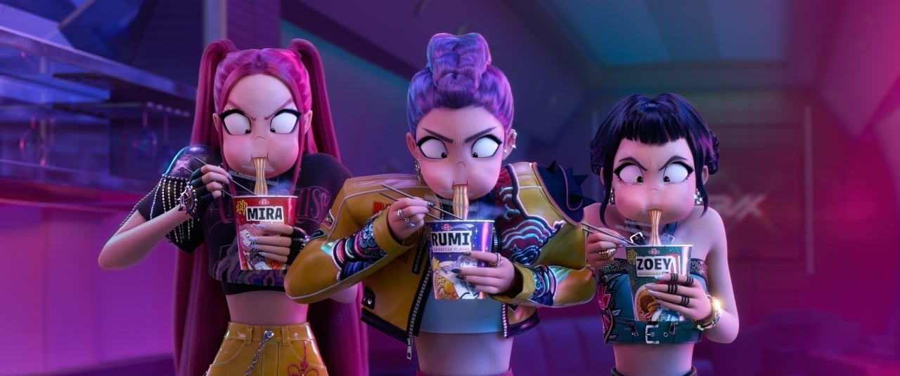 Three animated characters, labeled Mitra, Rumi, and Zoey, stand in a neon-lit room, each sipping noodles from instant noodle cups.
