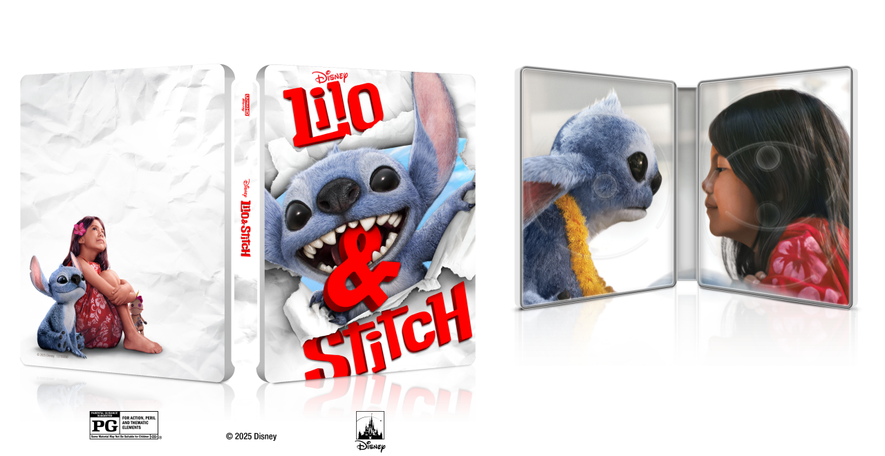 A steelbook DVD case for Disney’s “Lilo & Stitch” featuring Stitch and Lilo on the cover and an interior image of Lilo facing Stitch through glass.