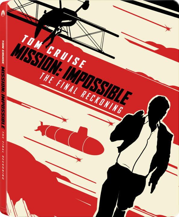Illustrated cover for "Mission: Impossible – The Final Reckoning" showing a running man, a biplane, missiles, and a torpedo in red, black, and beige tones.