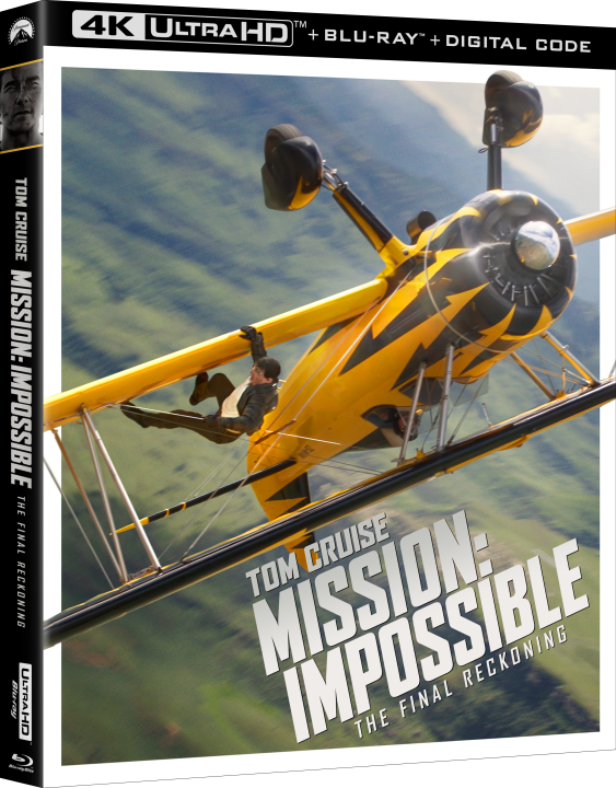 A DVD cover for "Mission: Impossible – The Final Reckoning" shows Tom Cruise hanging off a yellow biplane in flight, with 4K Ultra HD, Blu-ray, and Digital Code labels.