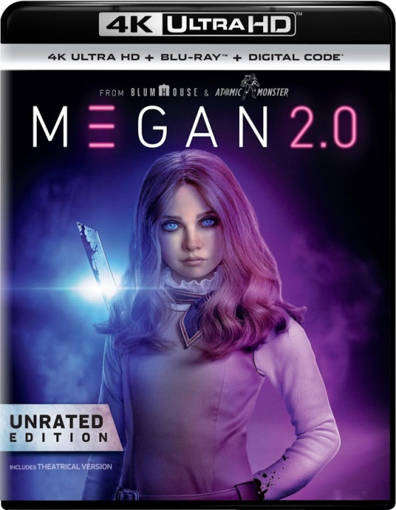 4K Ultra HD cover of "M3GAN 2.0" shows a doll-like character with long purple hair holding scissors, surrounded by purple light. Text includes film title, unrated edition, and formats.