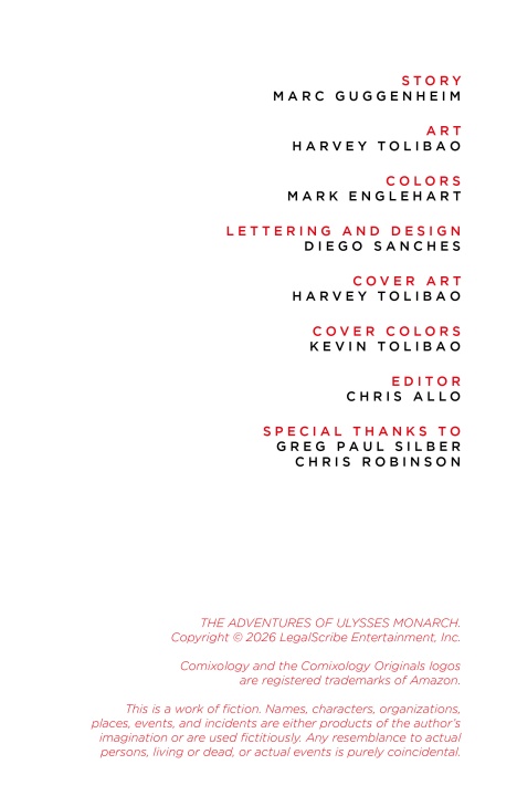 Comic credits page listing roles such as story, art, colors, lettering, cover art, cover colors, editor, and special thanks, followed by legal and copyright information at the bottom.