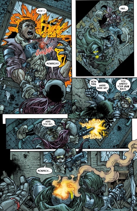 A violent comic book scene shows a character getting stabbed and thrown through a wall, with another character firing a gun amidst debris and chaos.