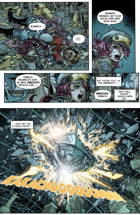 A wounded soldier with purple hair calls for medical evacuation while lying on rubble; another character crashes dramatically through a window amid debris.