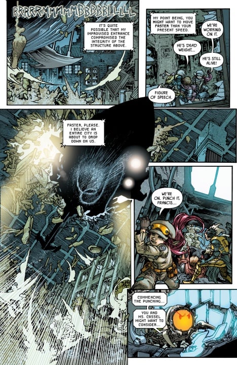 A group of armored figures rush through a collapsing, icy structure as one carries a large, seemingly lifeless body while another warns to hurry before the building comes down.