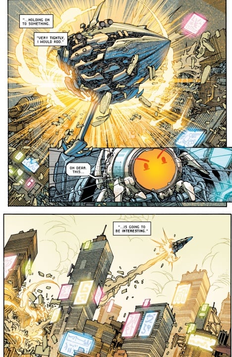 A spaceship flies at high speed over a futuristic city with towering buildings and glowing signs as debris scatters in its wake.