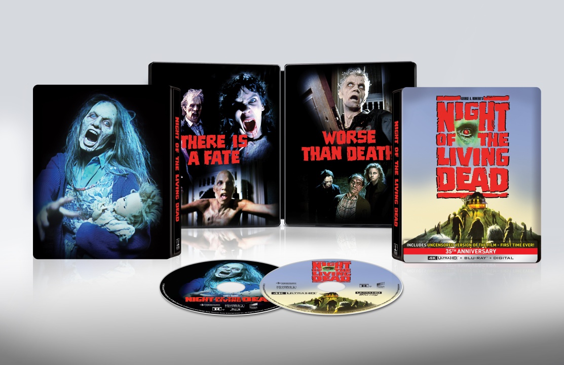 Night of the Living Dead 35th Anniversary edition box set with Blu-ray, DVD, and digital discs, steelbook cases, and cover art featuring zombies and film title.