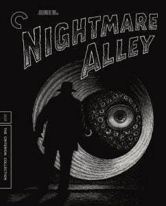 A silhouetted figure stands before a large, detailed eye and swirling patterns on the cover art for "Nightmare Alley" from the Criterion Collection.