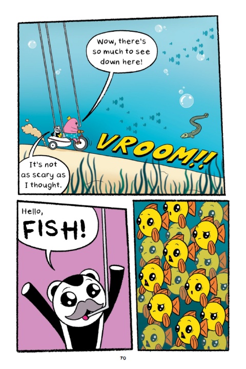 A cartoon character rides an underwater scooter with another character, commenting on the underwater view; a panda waves and greets a group of yellow fish.