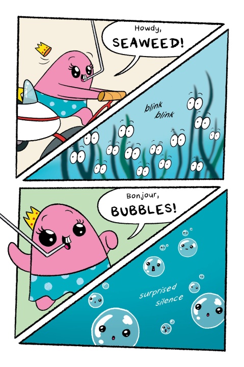 A pink cartoon sea creature greets seaweed and bubbles; the seaweed blinks in response, while the bubbles react with surprised silence.