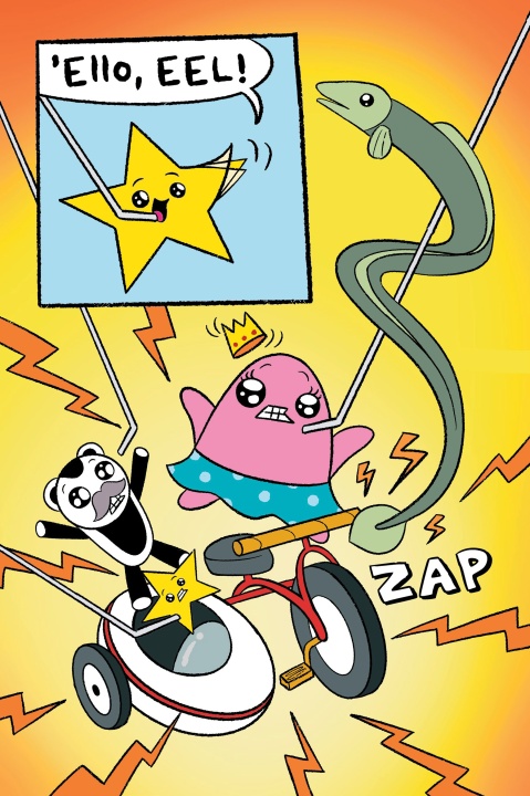 A cartoon star says "’Ello, Eel!" as an eel lunges at a pink blob with a crown riding a tricycle, a panda waves, and lightning bolts with "ZAP" surround them.