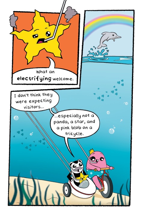 A star with a shocked expression speaks from above water, while a panda and a pink blob ride a tricycle underwater; a dolphin jumps near a rainbow in the background.