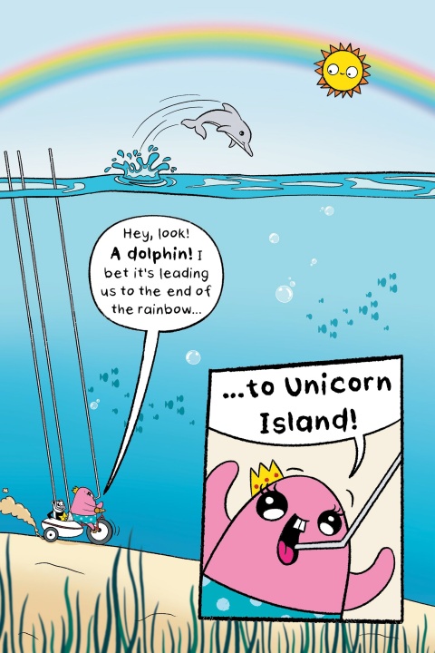 A cartoon dolphin jumps from the sea under a rainbow while a pink creature on a scooter points and shouts about following the dolphin to Unicorn Island. The sun smiles in the sky.