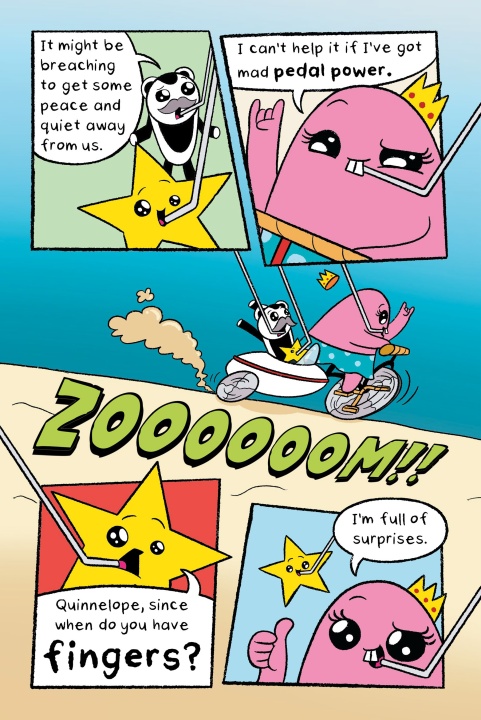 A cartoon star and pink sea creature race on a tandem bike at the beach. The star mentions fingers; the sea creature boasts about pedal power. Text bubble shows, “ZOOOOOM!!”.