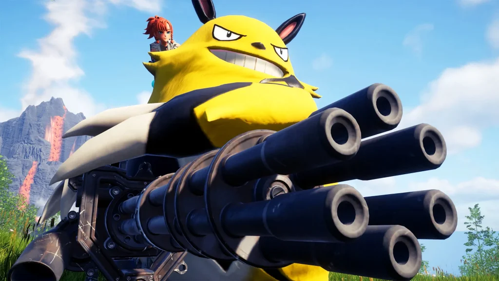 A large, yellow cartoon-like creature with a mischievous grin operates a multi-barreled gun, while a red-haired character rides on its back in an outdoor setting.