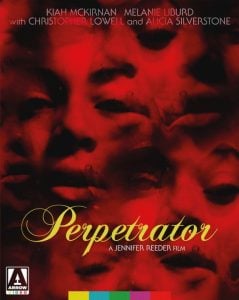 A movie poster for "Perpetrator" showing multiple overlapping faces in red tones, with the film title and cast names at the top.