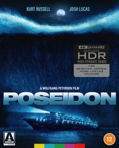Movie cover for "Poseidon" showing a large cruise ship beneath a massive wave, with actors Kurt Russell and Josh Lucas named at the top.