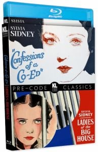 Blu-ray case featuring "Confessions of a Co-Ed" and "Ladies of the Big House," both starring Sylvia Sidney, with illustrated portraits of women and a "Pre-Code Classics" label.