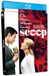 A Blu-ray case of the movie "Scoop" featuring Hugh Jackman and Scarlett Johansson holding a tarot card on the cover, with the film's title and cast listed.