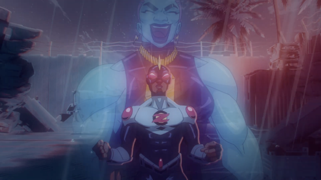 A humanoid figure in a black and white suit stands with clenched fists, while a large translucent blue figure with a golden necklace appears behind them under a rainy, tropical sky.