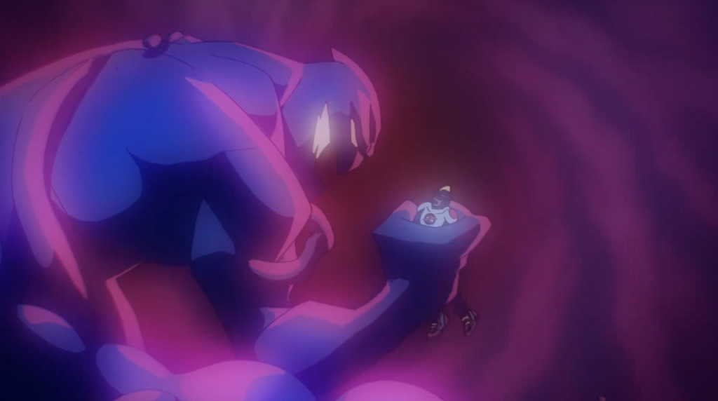 A large, shadowy creature with glowing accents looms over a small, masked figure holding a glowing object in a dark, swirling environment.