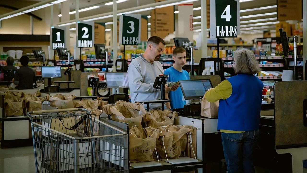 Two people stand at a supermarket checkout counter with a cashier bagging groceries; several full grocery bags are on the counter and in a shopping cart.