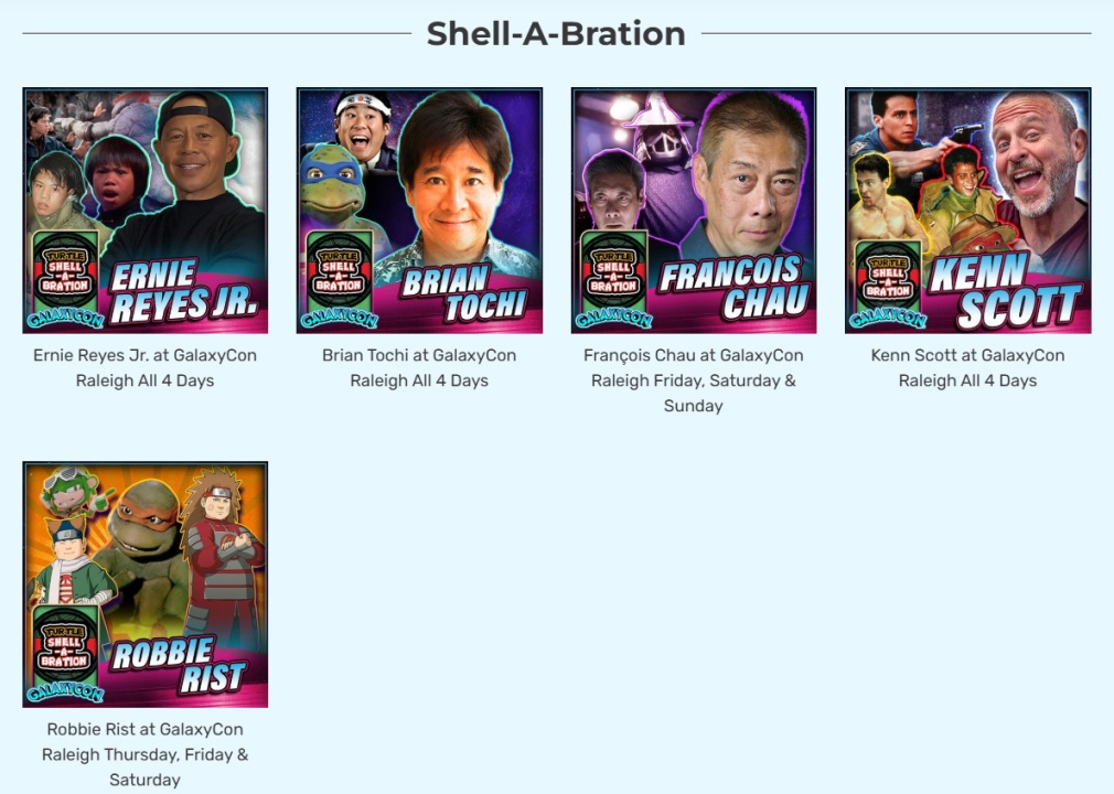Five guest profiles for the Shell-A-Bration event at GalaxyCon Raleigh, featuring Ernie Reyes Jr., Brian Tochi, Francois Chau, Kenn Scott, and Robbie Rist with images and attendance days listed.