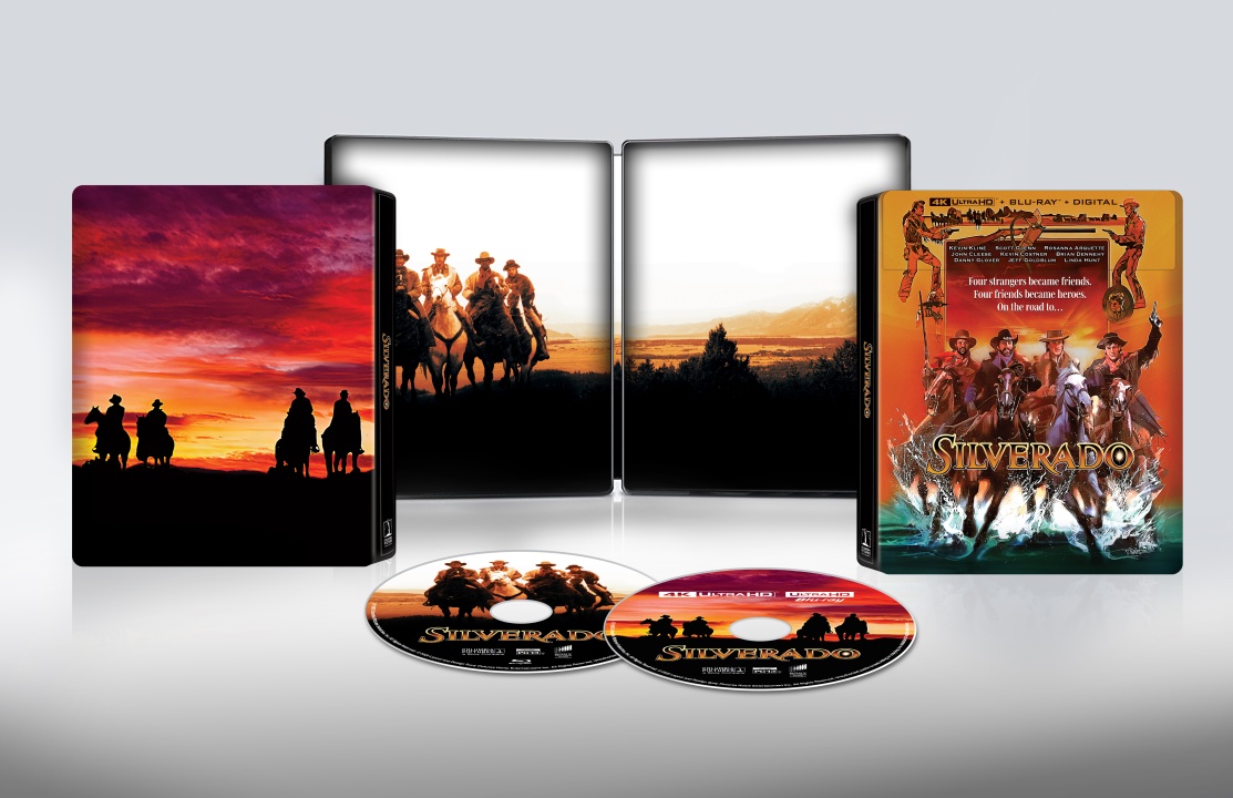 A Silverado movie collector's set with a steelbook case, Blu-ray and DVD discs, and original cover art are displayed on a white background.