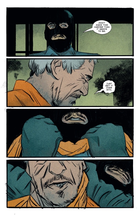A masked figure confronts an older man in an orange shirt. The older man appears distressed as the masked figure grabs his collar and speaks to him.