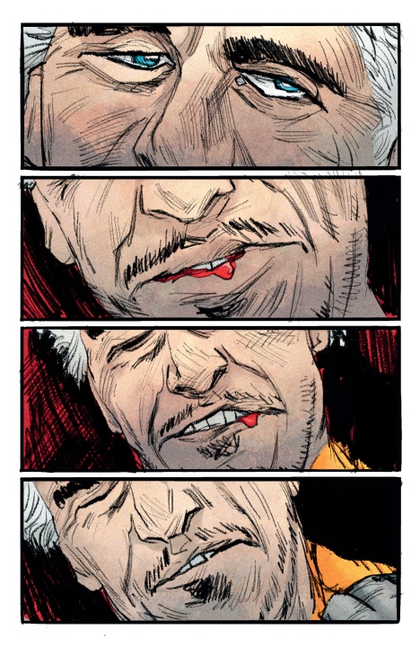 A comic strip shows a man’s face in four panels. He has light skin, gray hair, blue eyes, and a small cut on his lip with blood. His facial expression shifts between panels.