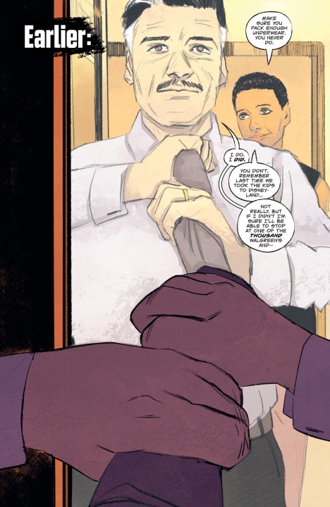 A man in a white shirt is being helped with his tie by someone off-frame, while a woman stands in the background. The word "Earlier:" is at the top left.