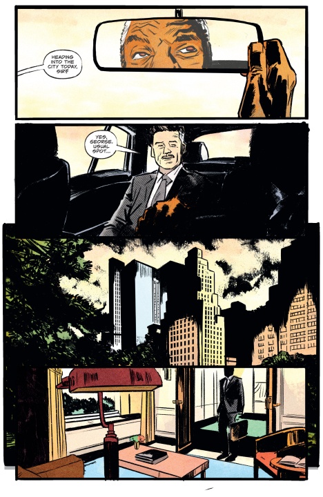 A man looks in a car's rearview mirror, another man rides in the backseat, city buildings are shown, and a man stands by a window in an office with a view.